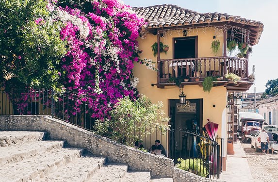 colonial building surrounded by colorful flowers