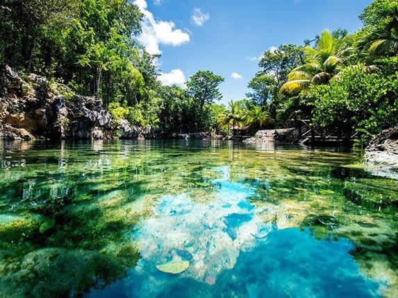 View of the crystal clear waters of the cenote