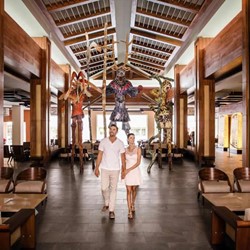 Wooden furniture in the hotel restaurant