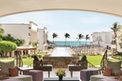 View of the hotel with the sea in the background