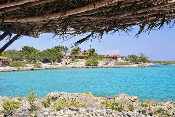 vista del mar azul rodeado de rocas y vegetación