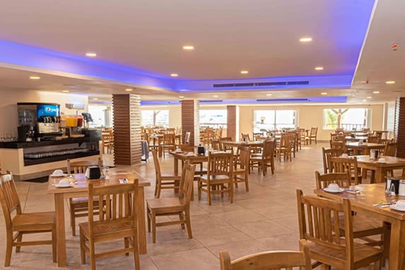 Wooden furniture in the hotel restaurant