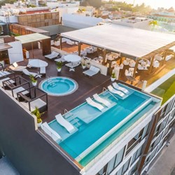 Aerial view of the hotel rooftop pool and terrace
