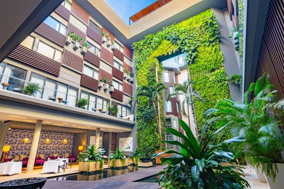 View of hotel interior wall with vegetation