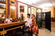 tourists at the wooden bar counter