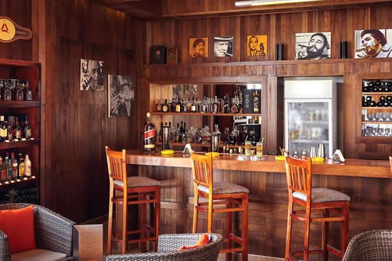 bar with wooden ceiling and walls