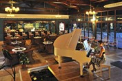 bar with white grand piano and elegant furnishings