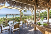 beach bar under a guano roof with furniture
