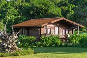 bungalow de madera rodeado de vegetación