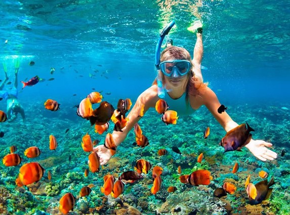 tourist snorkeling surrounded by fish