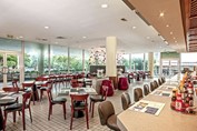 Glass walls in the hotel cafeteria