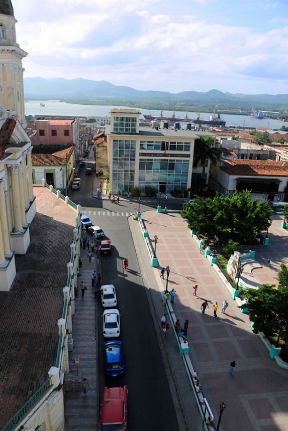 aerial view of street surrounded by buildings