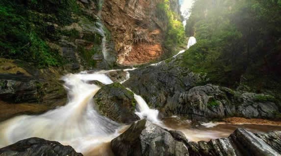 waterfall surrounded by stones and vegetation