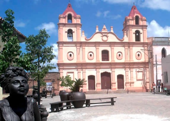 colonial cathedral with bell tower in the square