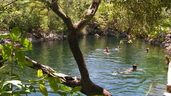 lago rodeado de vegetación con turistas nadando