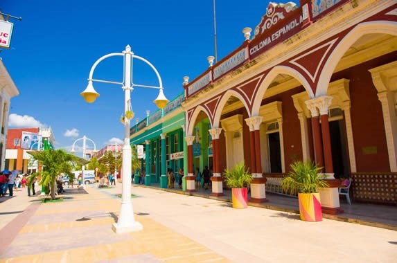 pedestrian street with colonial buildings