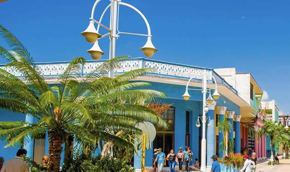 pedestrian street with colonial buildings