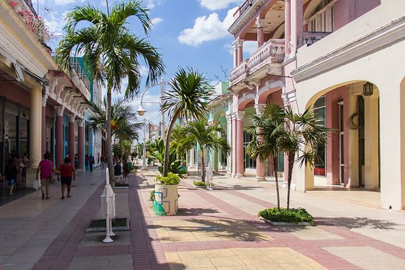 street with palm trees and colonial buildings