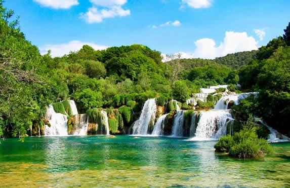 cascada rodeada de vegetación y bajo cielo azul