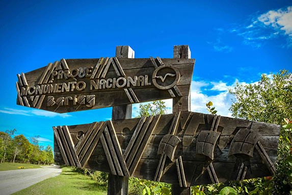 carved wooden sign at the park entrance