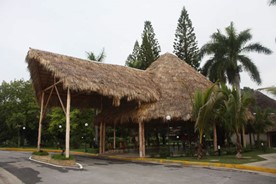 entrada al hotel con techo de guano y vegetación