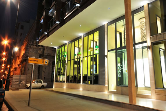 Night view of the hotel entrance