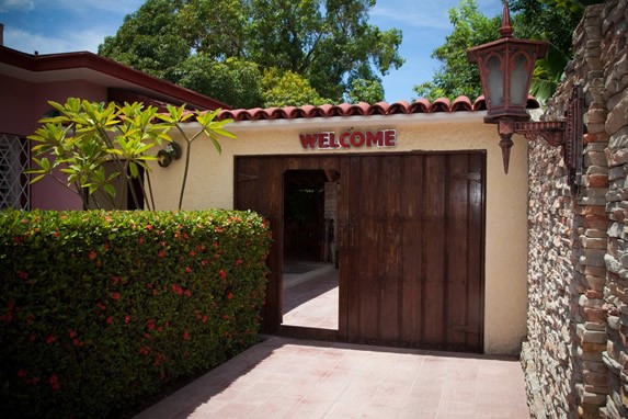 entrance with wooden gate and plants