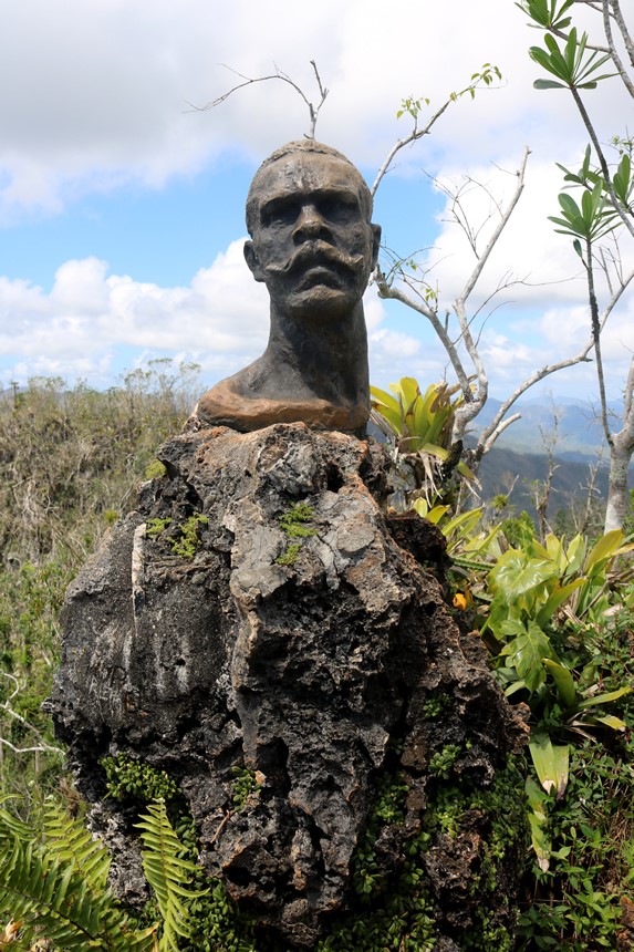 bronze sculpture on a rock with vegetation