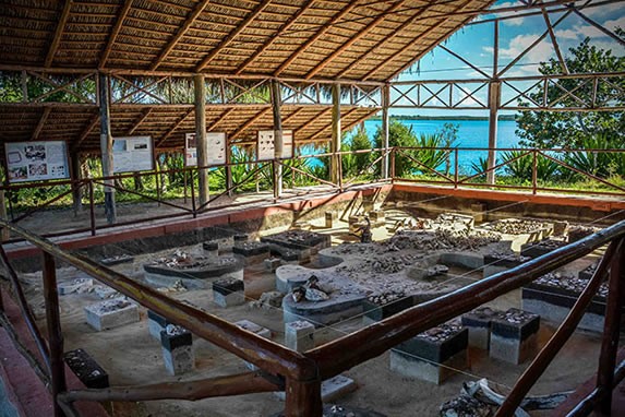 exhibition of ancient objects under a guano roof