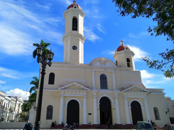 colonial facade of the cathedral under blue sky