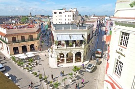 aerial view of square with colonial buildings