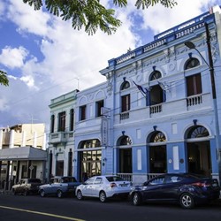 colonial facade under the blue sky