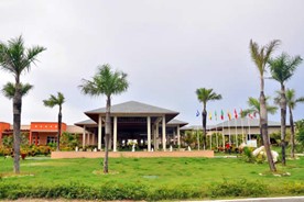 fachada del hotel con palmeras alrededor