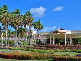 hotel facade surrounded by palm trees and greenery