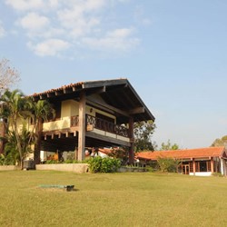 hotel facade with wooden roof