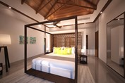 habitación de una cama con techo de madera