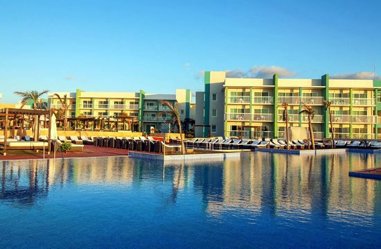 View of hotel buildings from the pool