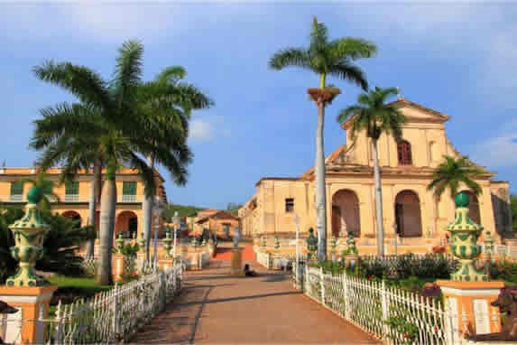 exterior view of the church located in a square.