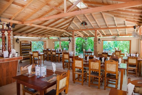 restaurant furniture under wooden ceiling