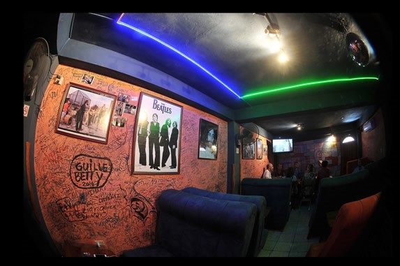 Walls with decorative paintings and colored lights