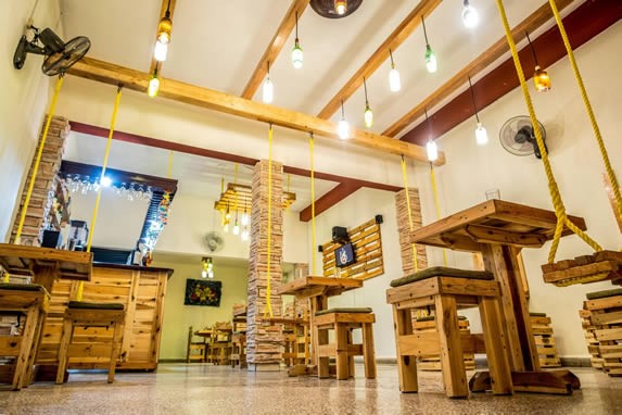 Wooden furniture in the restaurant