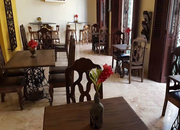 Wooden furniture in the interior of the restaurant