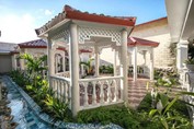 garden with greenery and white pergolas