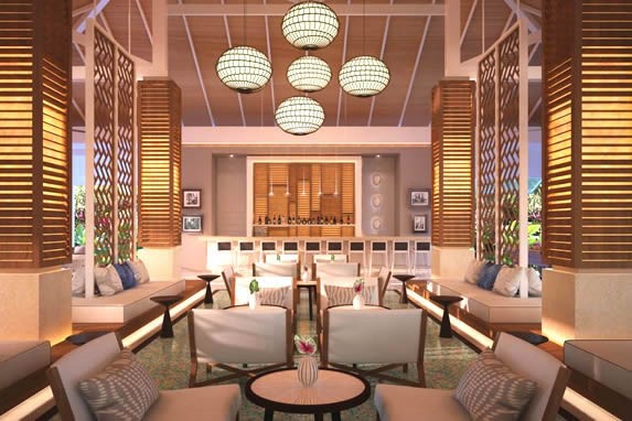 wooden-roofed lobby and reception desk