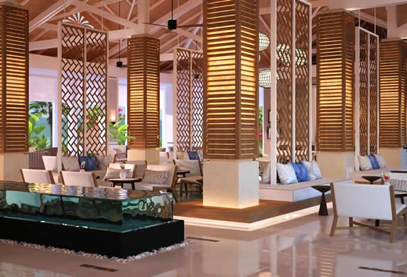 lobby with wooden ceiling and furniture