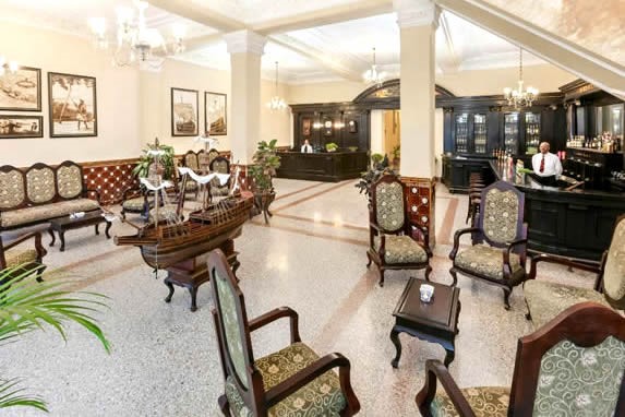 lobby with old wooden furniture