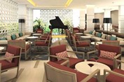 lobby bar with wooden furniture and grand piano