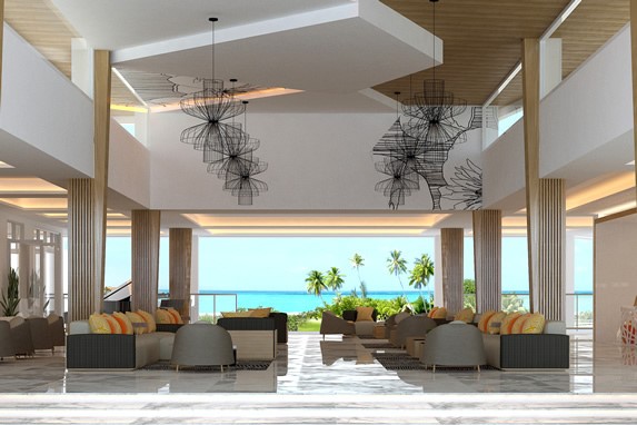 lobby con mobiliario y vista al mar