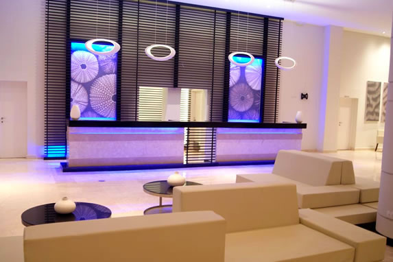 reception desk with colored lights