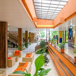lobby con lucernario y plantas en el interior